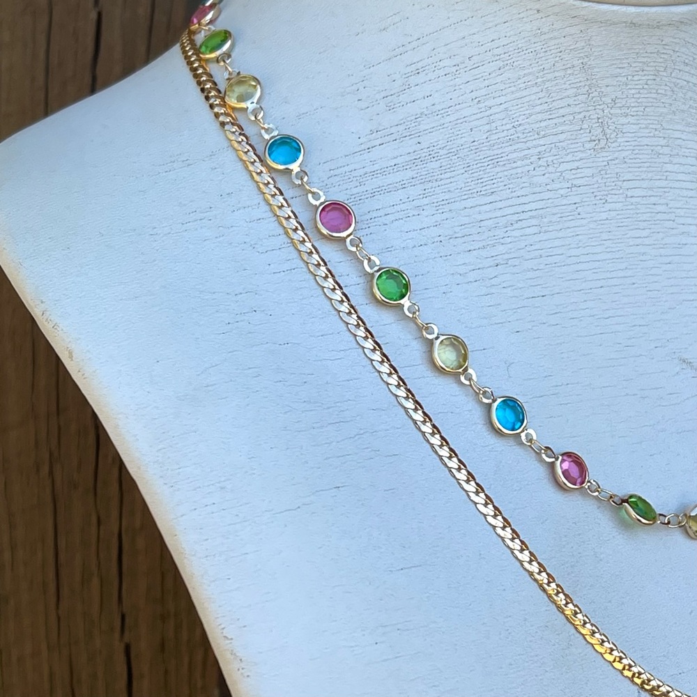 Beautiful multicolor faceted rhinestone 2 layer stainless steel gold necklace - Picture 6 of 8